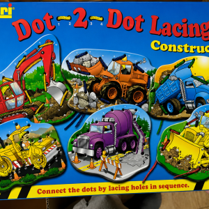 Lauri Dot-2-Dot Number Lacing construction kit with six colorful vehicle-shaped lacing cards