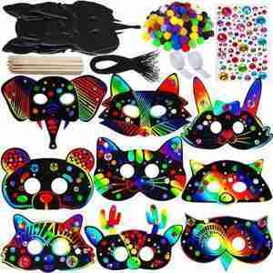 Animal Scratch Art Mask Kit – DIY Craft Set with Pom Poms & Rhinestones (27 Pcs)