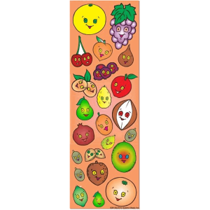 Fruit smiley die cut stickers with colorful happy fruit faces on a sticker sheet
