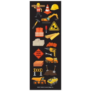 Construction themed die cut stickers featuring dump trucks, cranes, excavators, traffic cones, and tools for kids crafts and classroom activities