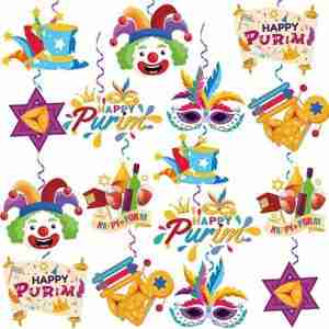 Hanging Purim swirl decorations with masks, clowns, and festive Jewish holiday designs for classroom ceiling decor and party decorations